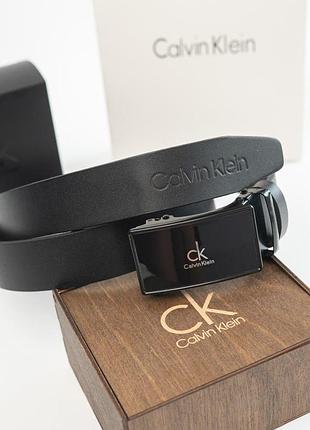 Чоловічий ремінь автомат calvin klein чорний шкіряний пояс з натуральної шкіри з автоматичною пряжкою у подарунковій коробочці