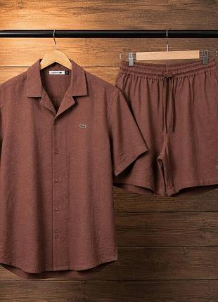 Мужской льняной костюм lacoste коричневый комплект рубашка и шорты лакоста (b)
