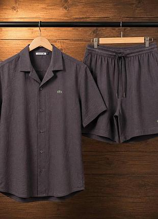 Мужской льняной костюм lacoste серый комплект рубашка и шорты лакоста (b)