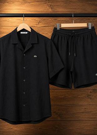 Мужской льняной костюм lacoste черный комплект рубашка и шорты лакоста (b)