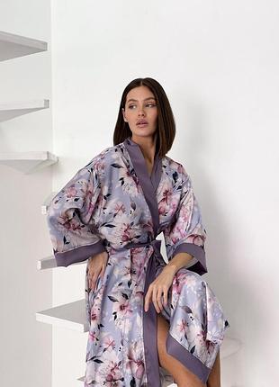 Женский халат кимоно длинный morning bloom цветы на лавандовом цвете