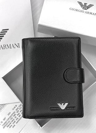 Вертикальный кошелек мужской из натуральной кожи брендовый armani черное портмоне тройного складывания с застежкой в упаковке