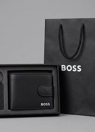 Мужской кошелек boss черный кожаный брендовое портмоне с застежкой на кнопку с брелком в подарочной упаковке босс люкс