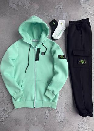 Чоловічий зимовий спортивний костюм stone island бірюзовий комплект стон айленд теплий на флісі xxl (b)