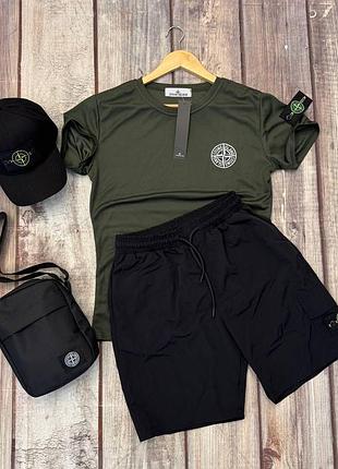 Чоловічий літній костюм stone island футболка + шорти + кепка + сумка хакі з патчем стон айленд на літо (b)