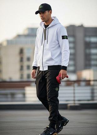 Мужской спортивный костюм stone island белый стон айленд кофта на молнии штаны весенний осенний (b)