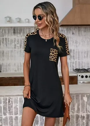 Платье черная летняя 🐆 с карманом и леопардовым принтом 👗 emery rose ☀️ свободное платье-футболка оверсайз