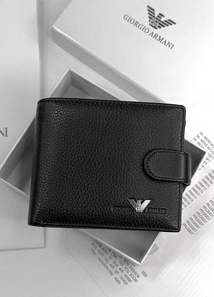 Мужское портмоне кожаное на кнопке armani черный вместительный кошелек для документов и купюр с монетницей в подарочном упакованны