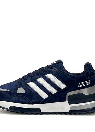Мужские кроссовки синие adidas zx 750 navy повседневные из натуральной замши и кожи адидас классические на лето весну подошва из пены