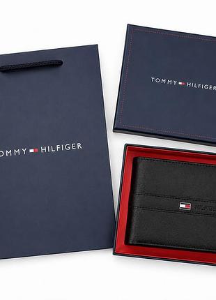 Мужской кошелек tommy hilfiger черный брендовый кожаный портмоне с монетницей в фирменном подарочном упаковке люкс