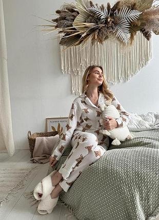 Жіноча піжама муслінова штани+сорочка ведмедики teddy