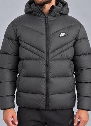 Чоловічий зимовий пуховик nike tech fleece графіт темно сірий тепла куртка з капюшоном