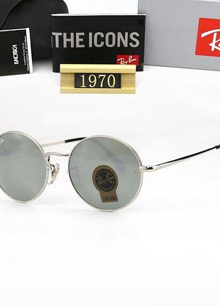 Чоловічі круглі сонцезахисні окуляри ray ban стильні очки у фірмовому чохлі скляні зелені лізни в срібній оправі