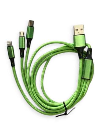 Кабель для зарядки armer usb - micro usb, iphone, type-c 1м, зеленый, круглый, ткан. оплетка