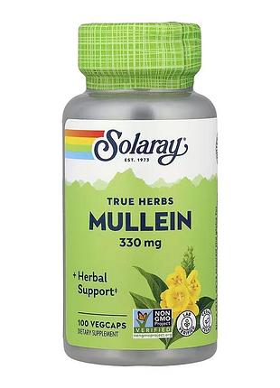 Листья коровяка solaray mullein leaf 330 мг для дыхательных путей и комфорта горла, 100 веганских капсул