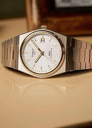 Tissot prx powermatic 80 — чоловічий механічний годинник, золотистий корпус, 40 мм, сталевий браслет