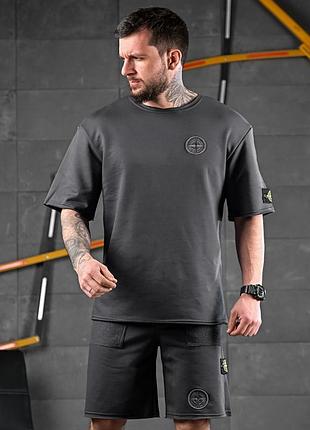 Мужской летний костюм stone island графит шорты и футболка свободного кроя крутой повседневной носки базовый комплект