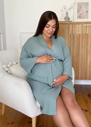 Жіночий халат для вагітних із мусліну cosy, оливковий