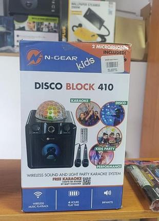 Портативная караоке-система n-gear kids disco block 410 — беспроводная акустическая колонка с диско-кулей и двумя микрофонами