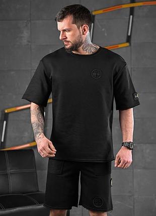 Мужской летний костюм stone island черный шорты и футболка свободного кроя крутой повседневной носки базовый комплект
