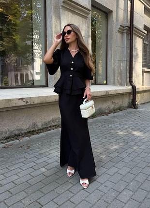 Женский классический костюм с юбкой макси и жакетом с баской s m l xl