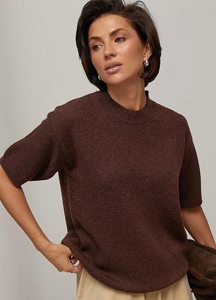 Вільний в’язаний джемпер з коротким рукавом - темно-коричневий цвет, one size (є розміри)