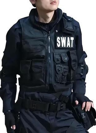 Тактичний жилет swat resteq — чорний розвантажувальний жилет з 11 кишенями, розмір l, тканина оксфорд, для полювання, страйкболу