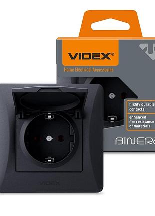 Розетка одинарна із заземленням та кришкою чорний графіт videx binera