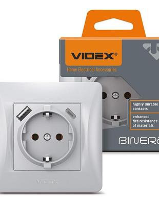 Розетка одинарна із заземленням з usb+usb-c срібний шовк videx binera
