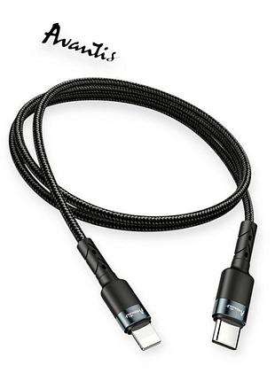 Кабель для зарядки avantis type-c - iphone, 1м, 3.0а черный, круглый тканевая оплетка, qc, pd 20w