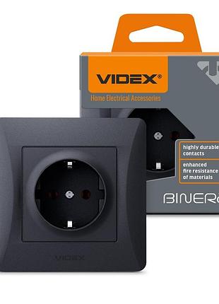 Розетка одинарна із заземленням чорний графіт videx binera