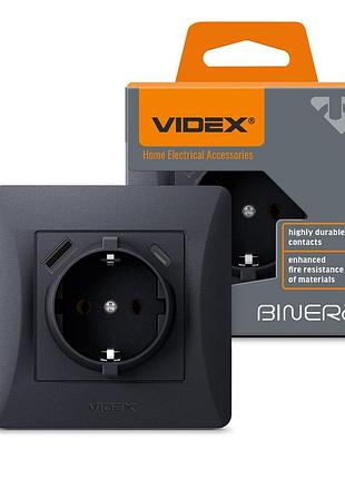 Розетка одинарна із заземленням з usb+usb-c чорний графіт videx binera