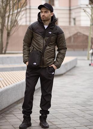 Демисезонный мужской костюм черный хаки утепленная куртка tnf на силиконе с прямым кроем и спортивные штаны на манжетах