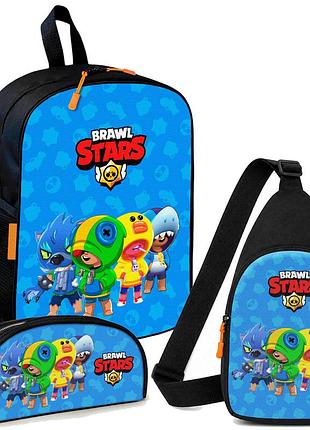 Набір brawl stars леон,кроу,ворон,спайк 3 в 1: дитячий рюкзак + сумка-слінг + пенал, для хлопчика та дівчинки 7–9 років (6026)