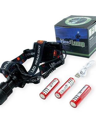 Фонарик диодный налобный led, 3 акб 18650, 4 режима., зарядка usb head lamp