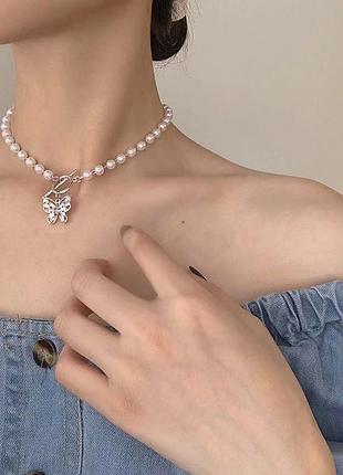 Кольє жіноче з кулоном метелик 14753 40 см біле