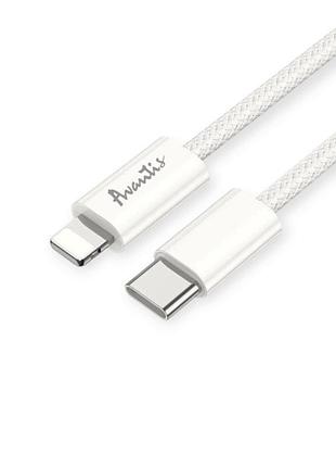 Кабель для зарядки avantis type-c - iphone, 1м, 3.0а белый, круглый тканевая оплетка, qc, 27w