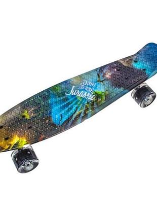 Пенни борд со светящимися колесами парк юрского периода pu penny board черный с динозаврами