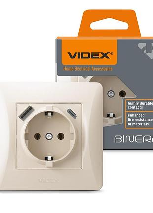 Розетка одинарна із заземленням з usb+usb-c кремова videx binera