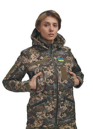 Зимова утеплена жіноча fs куртка-трансформер soft shell 2в1, піксель