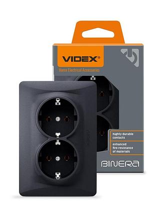 Розетка подвійна із заземленням чорний графіт videx binera