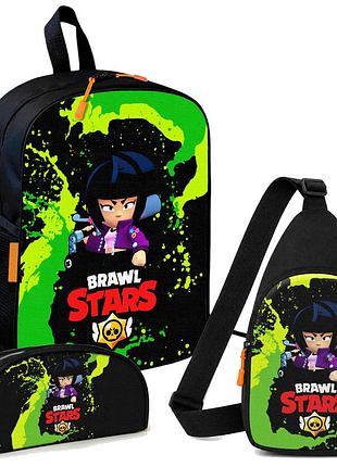 Набор brawl stars биби 3 в 1: детский рюкзак + сумка-слинг + пенал, для мальчика и девочки 7–9 лет (6025)