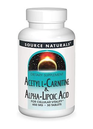 Ацетил l, карнитин и альфа, липоевая кислота, source naturals, 650 мг, 30 таблеток, для ежедневного рациона.
