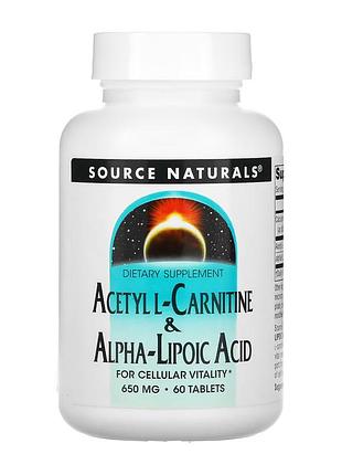 Ацетил l, карнитин и альфа, липоевая кислота, source naturals, 650 мг, 60 таблеток, для ежедневного рациона.