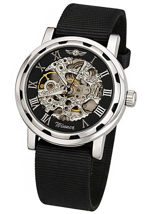 Чоловічий наручний годинник winner black textile classic механічний, 2 ремінці.
