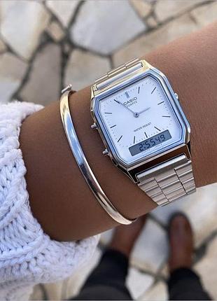 Casio aq-230 – мужские наручные часы, серебристый корпус, белый циферблат