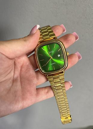 Мужские часы casio quartz gold/green — золотистый корпус, зеленый циферблат, кварцевый механизм, металлический браслет