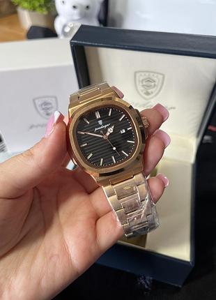 Мужские часы poedagar nautilus gold/black - золотистый корпус, черный циферблат, кварцевый механизм, металлический браслет