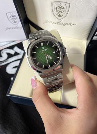 Мужские часы poedagar nautilus silver/green - серебристый корпус, зеленый циферблат, кварцевый механизм, металлический браслет