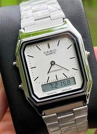 Casio aq-230 – мужские аналогово-цифровые часы, серебристый корпус, белый циферблат, ретро-стиль